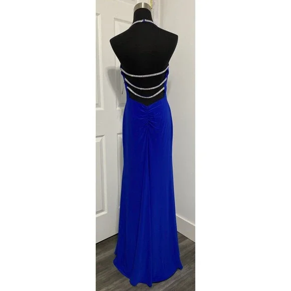 Morgan Co Y2k 90s Prom HOCO Gown Dress Blue Halter Strappy Cage Back Rhinestone - Picture 4 of 10